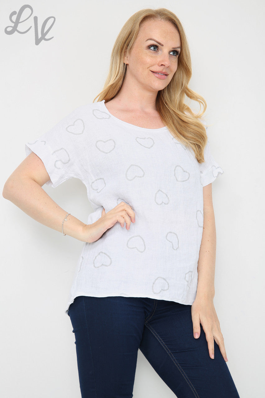 Ladies Glitter Heart Print Top White Unit Price £9.99