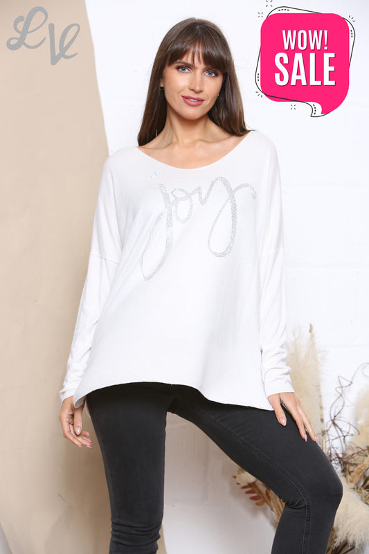 Dames Fijngebreide Trui Top met Sequin Joy Script Wit