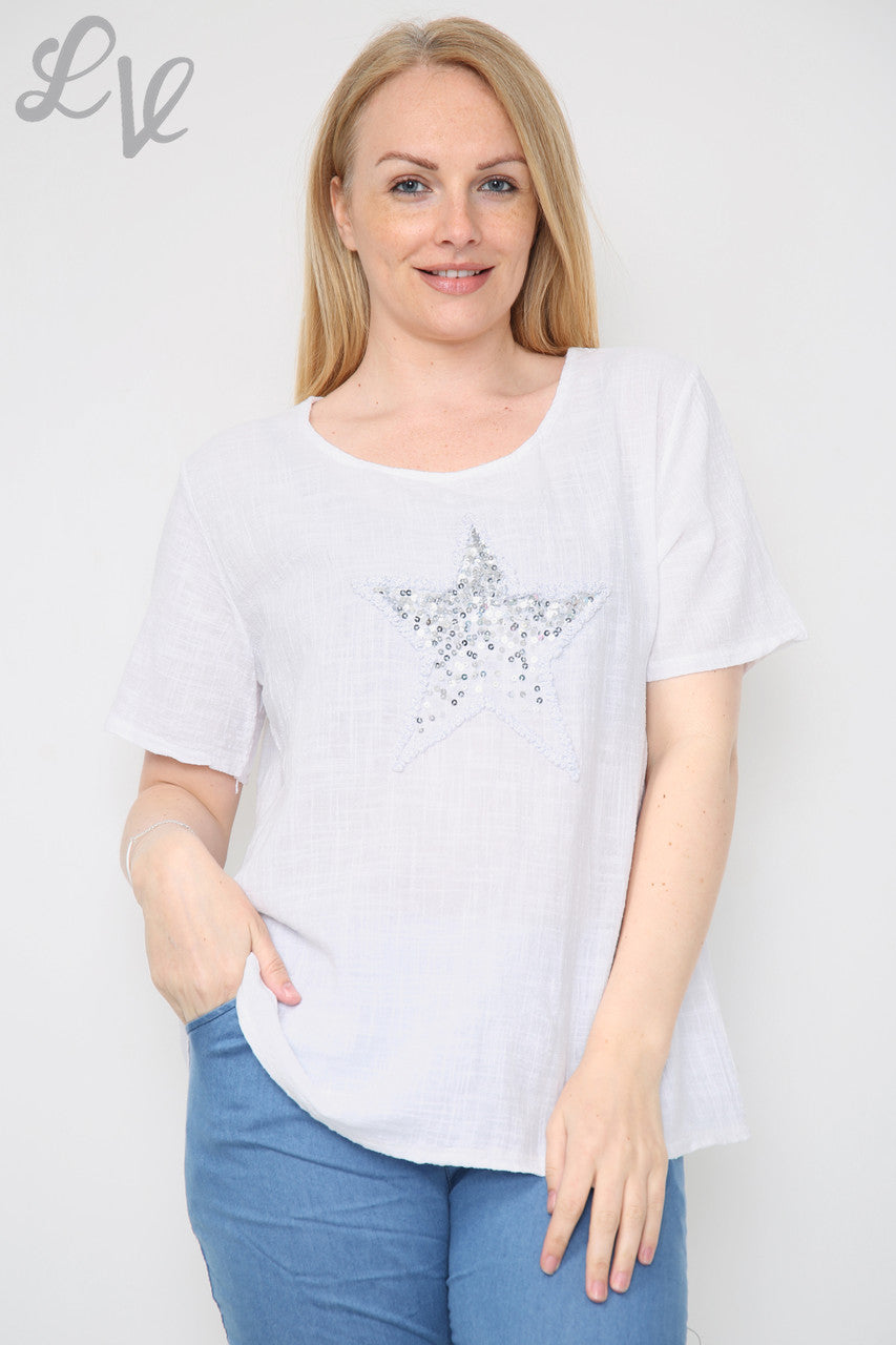 Ladies Star Sequin Top White