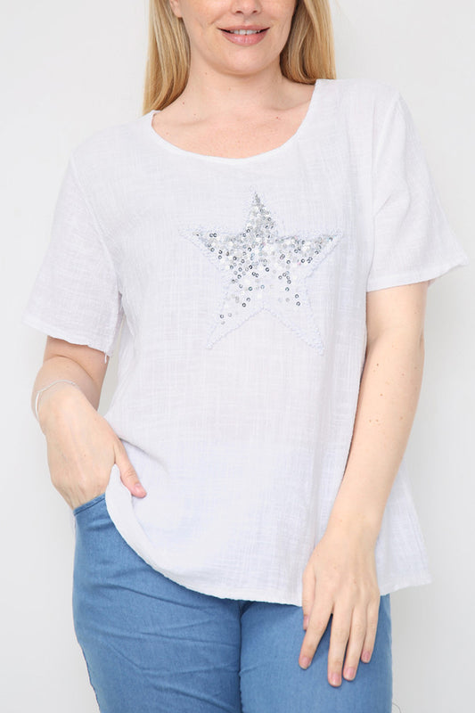 Ladies Star Sequin Top White
