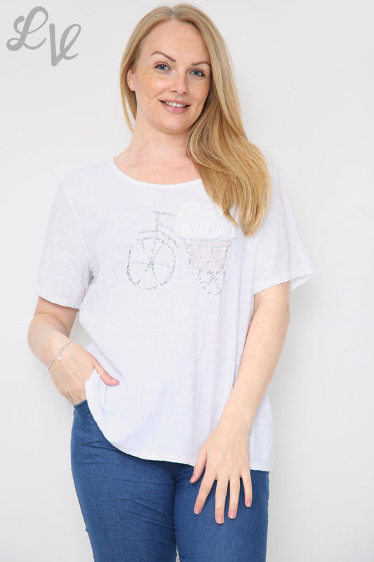 Ladies Bicycle Sequin Top White Unit Price £8.99