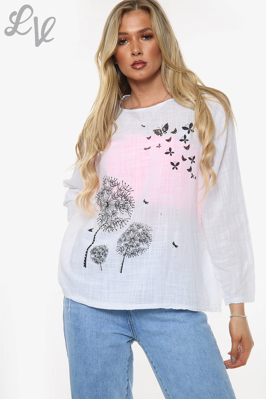 Dames Paardenbloem Top met Lange Mouwen Wit Stukprijs €10,99