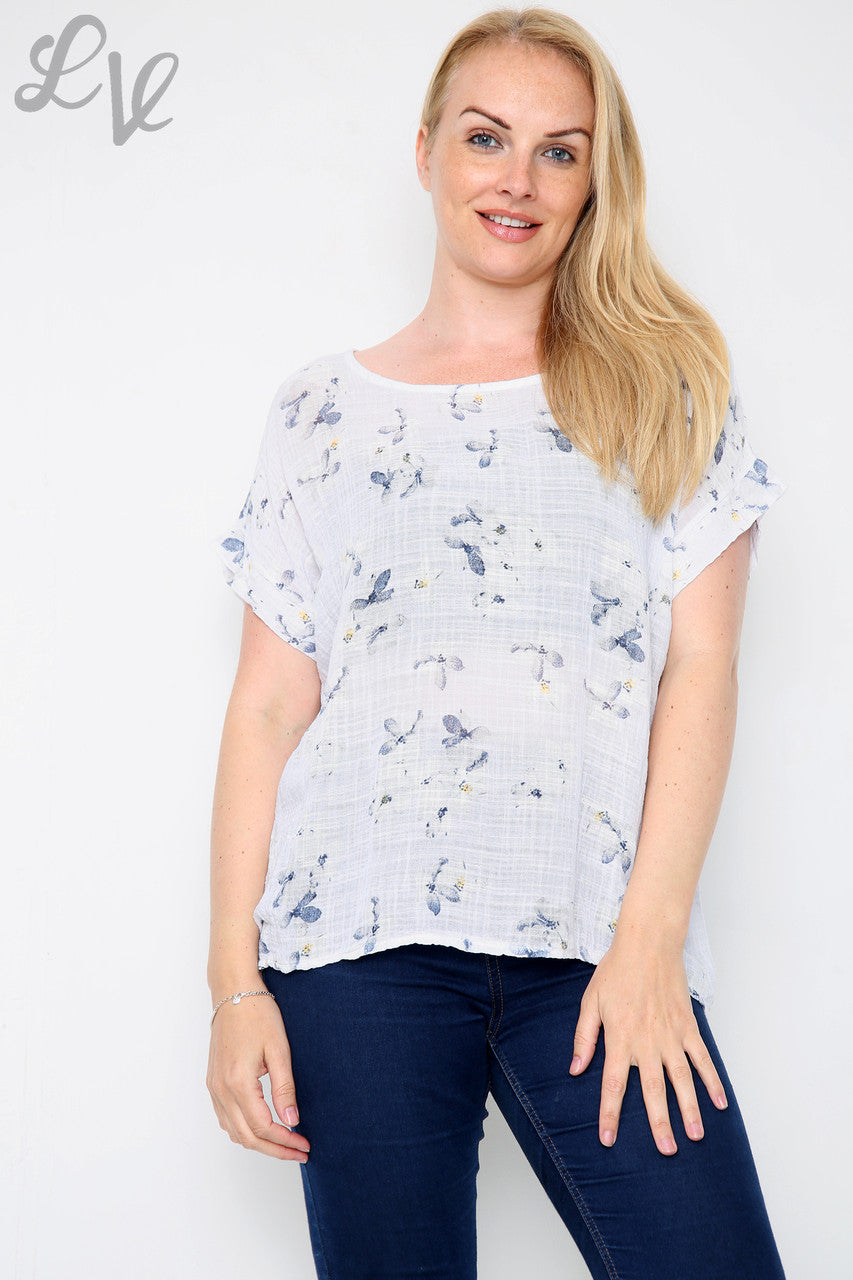 Ladies Floral Blossom Print Top White
