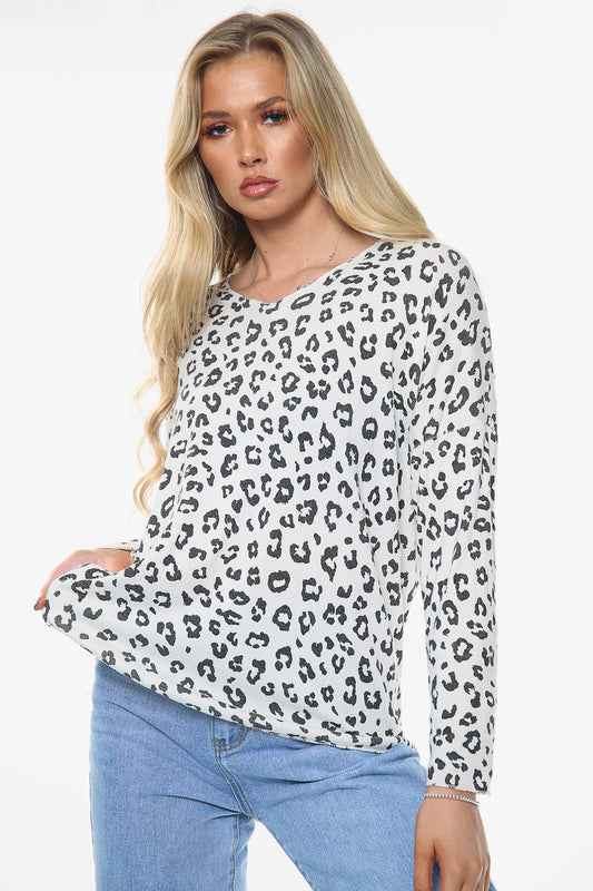 Ladies Leopard Ditsy Print Fine Knit Top White Unit Price WAS 10.99 NOW £5.99