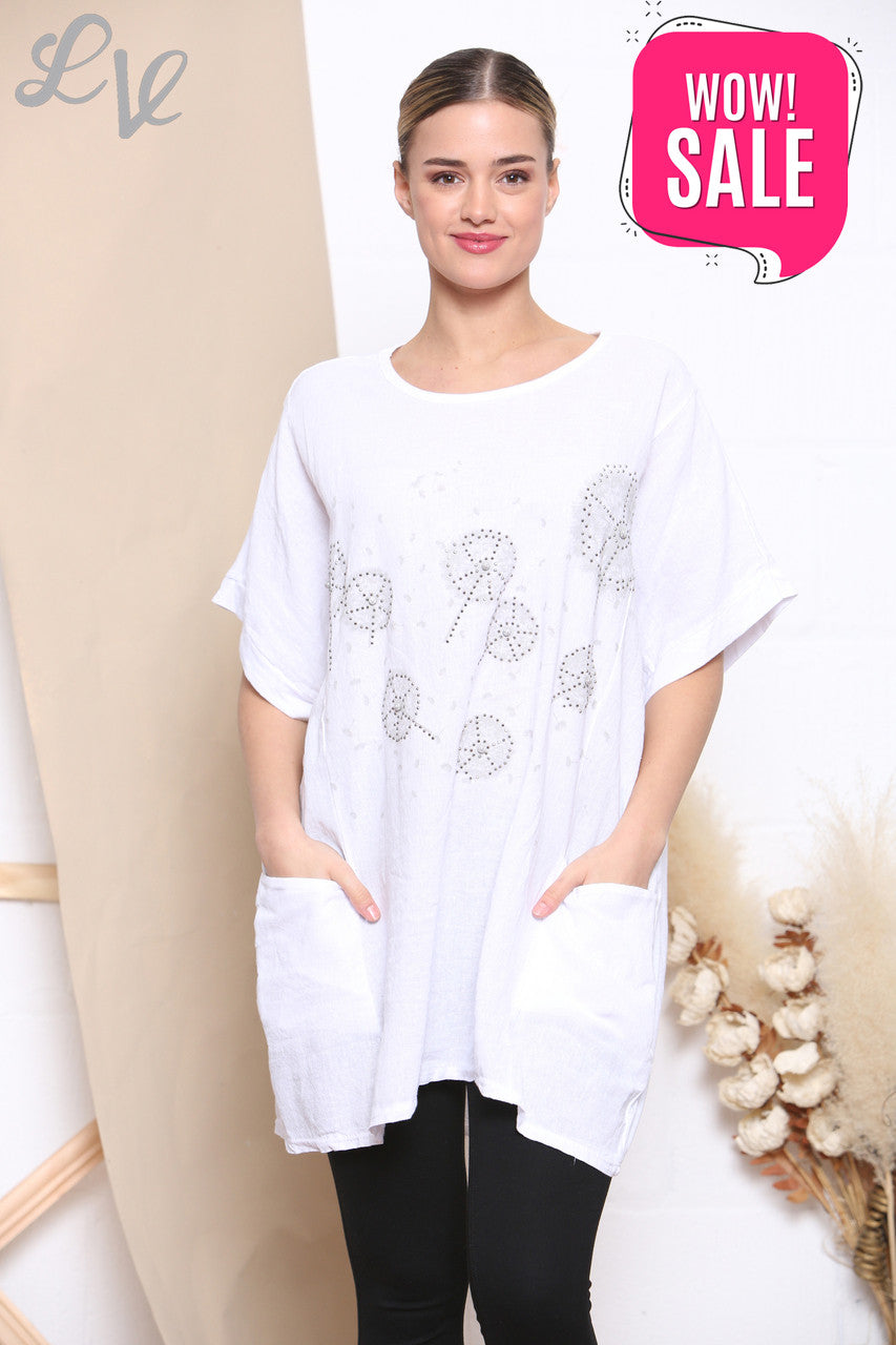 Ladies Dandelion Print Pocket Front Top White -