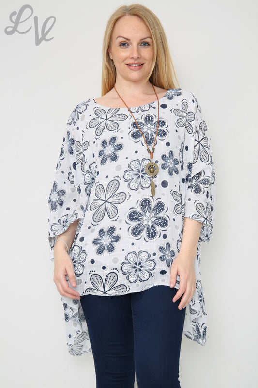 Ladies Flowers Print Batwing Top White