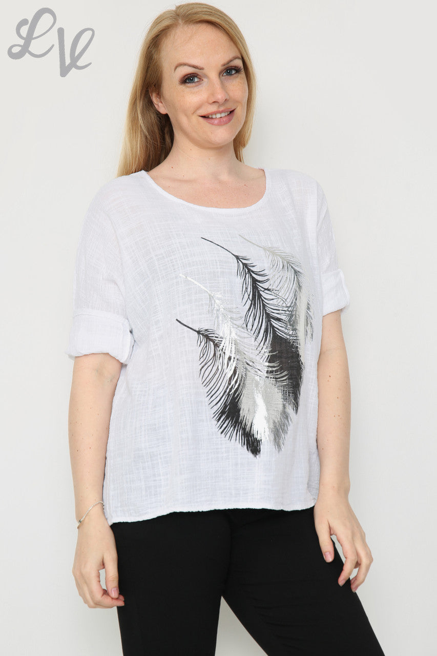Dames Top met Folie Bladeren Patroon Wit Stukprijs € 12,99