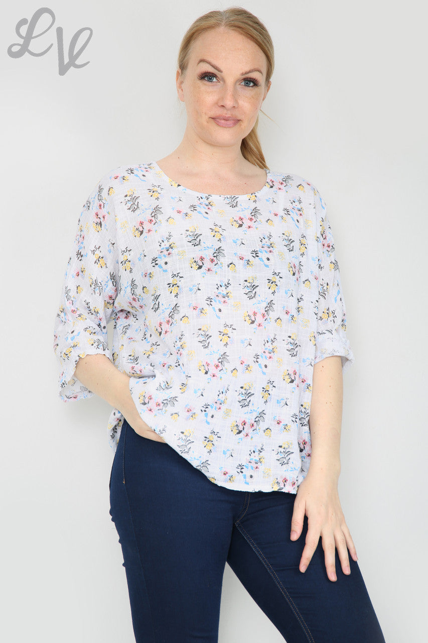 Ladies Ditsy Flower Print Simple Top White Unit Price £7.99