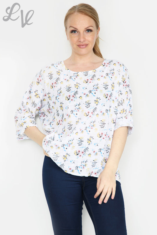 Ladies Ditsy Flower Print Simple Top White Unit Price £7.99