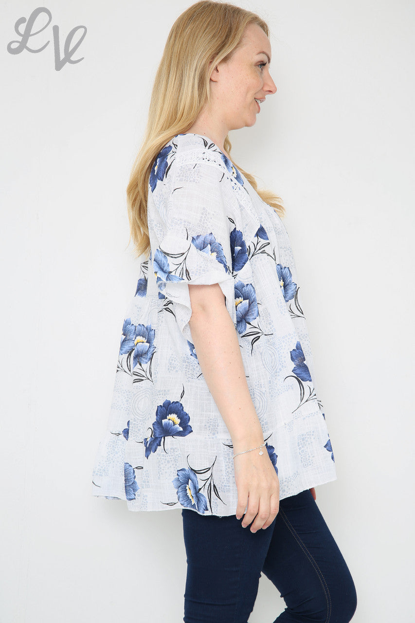 Dames top met bloemenprint en steel Wit Stukprijs € 7,99