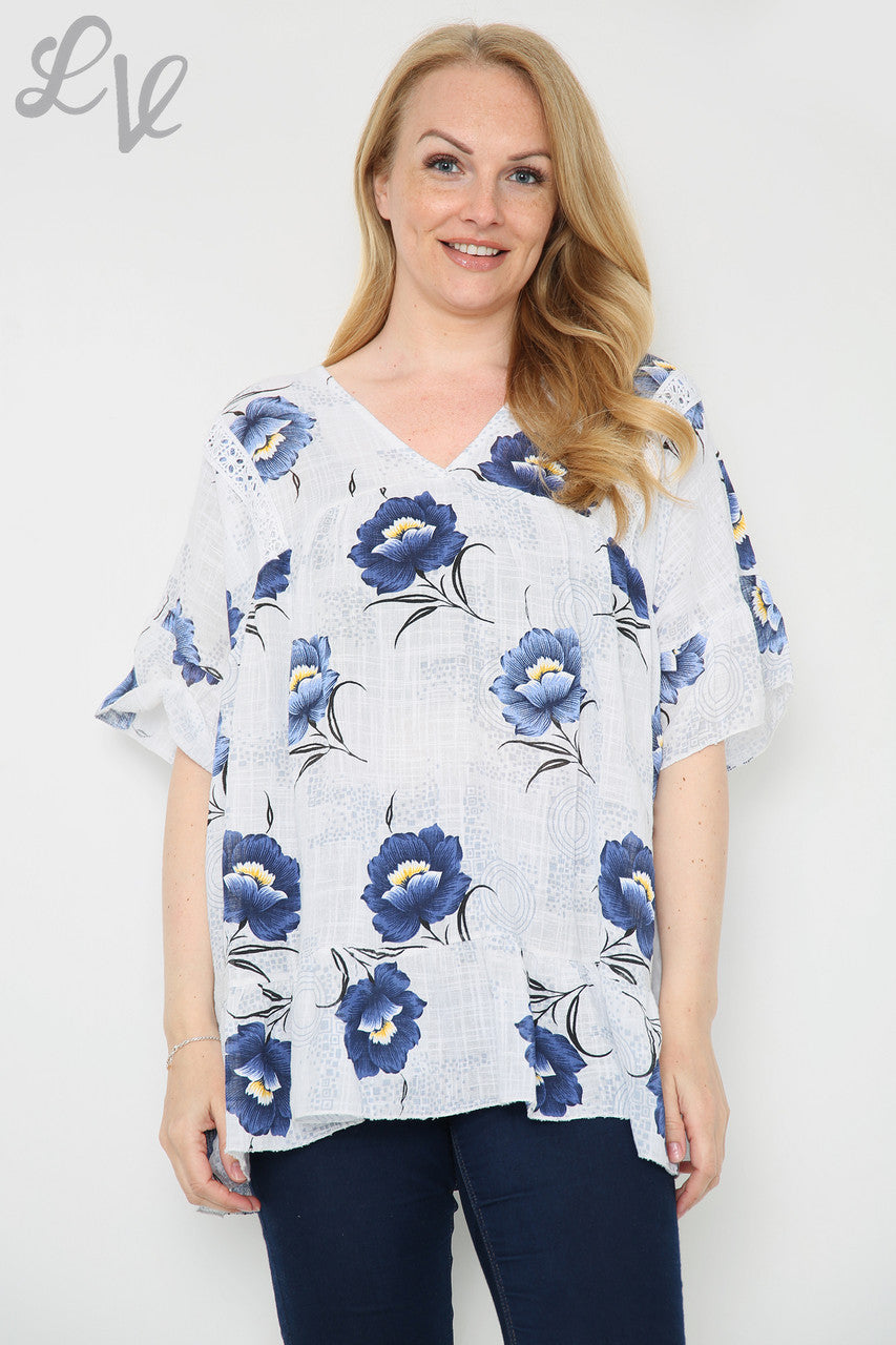 Dames top met bloemenprint en steel Wit Stukprijs € 7,99