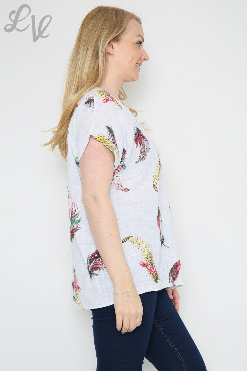 Dames Kleurrijke Top met Verenprint Wit Stukprijs €9,99