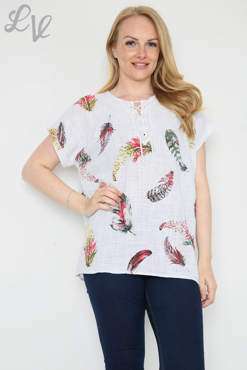 Dames Kleurrijke Top met Verenprint Wit Stukprijs €9,99