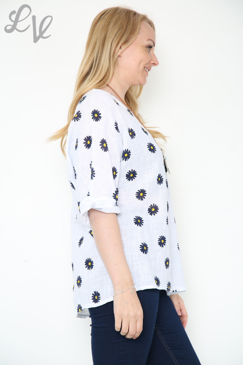 Dames top met bloemenprint en madeliefjes wit