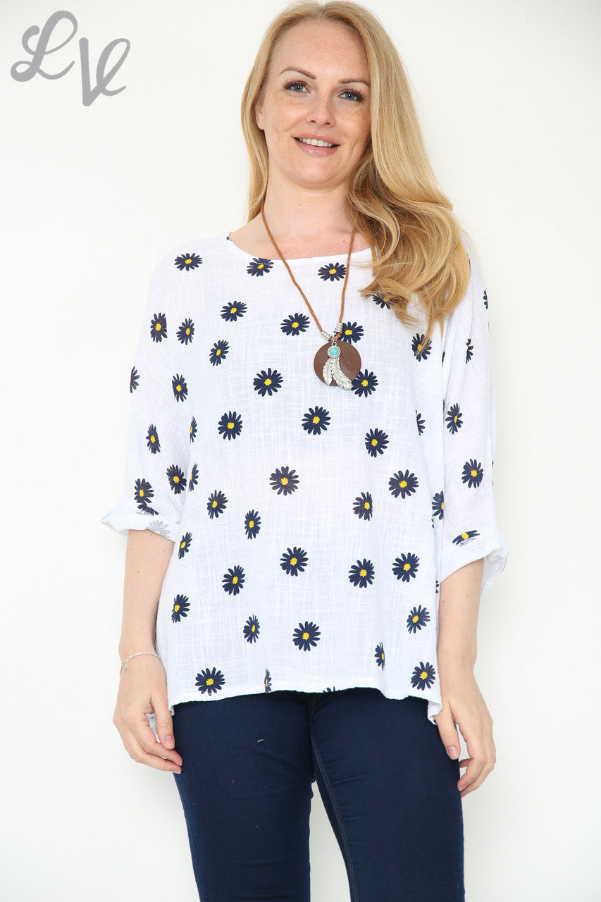 Dames top met bloemenprint en madeliefjes wit