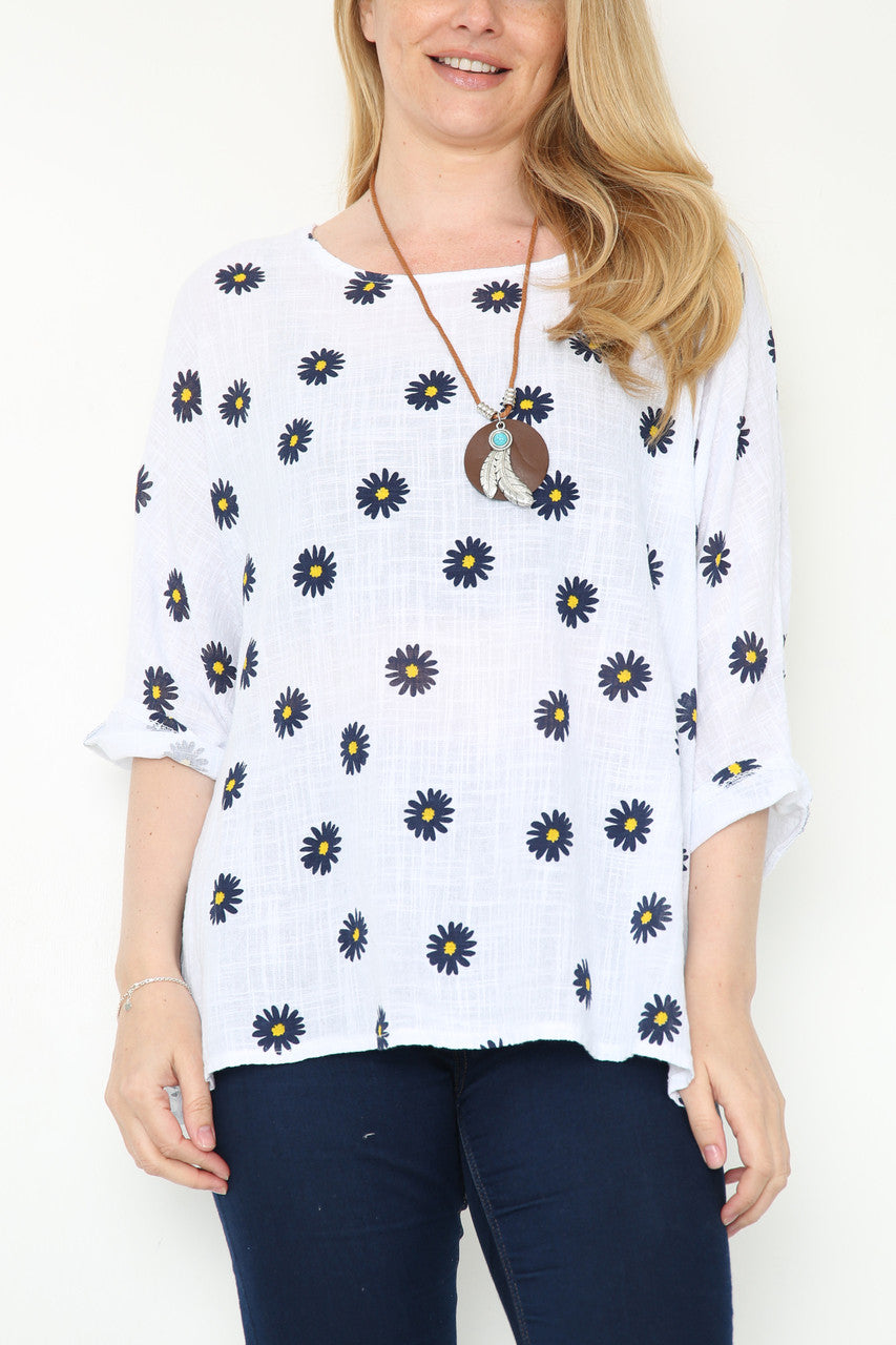 Dames top met bloemenprint en madeliefjes wit