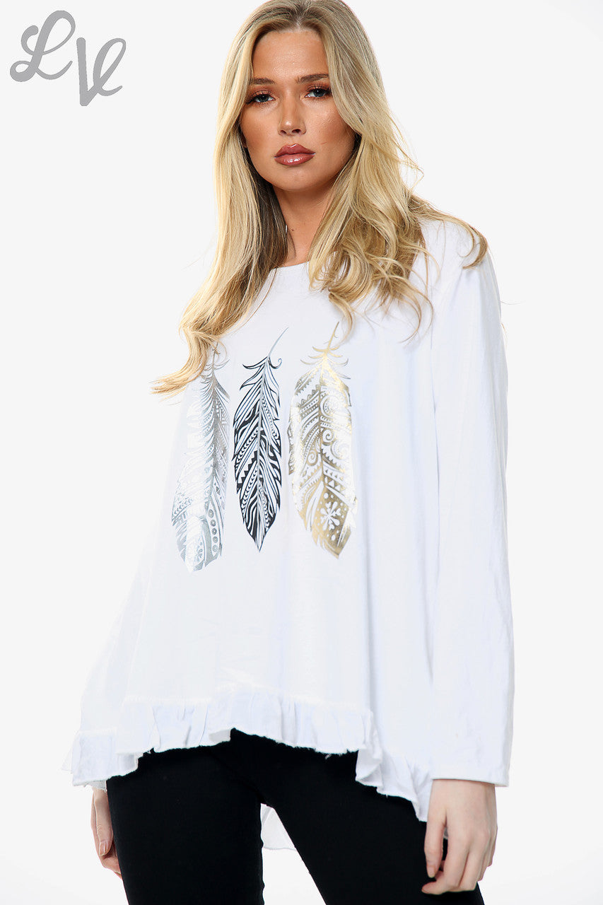 Dames top met verenprint Wit Stukprijs WAS €10,99 NU €5,49