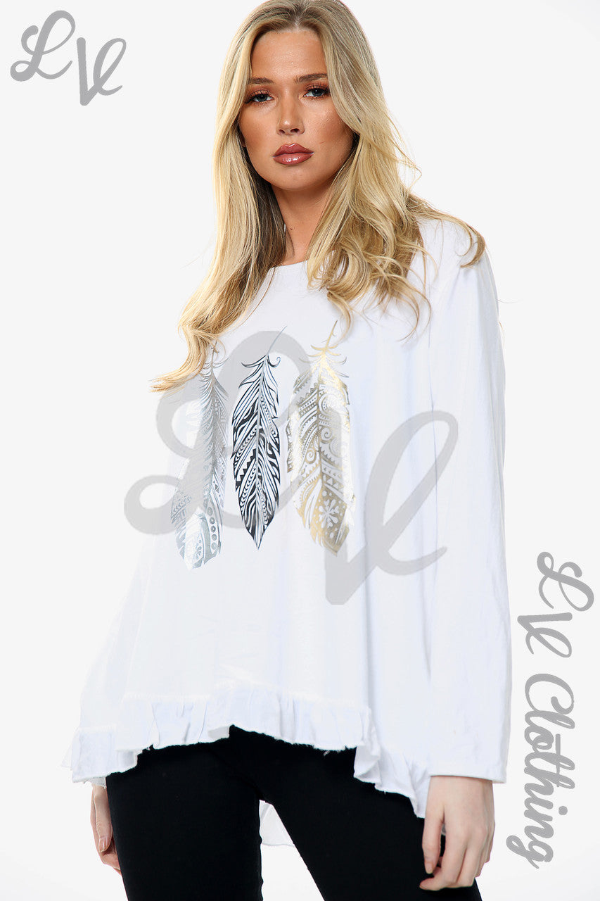 Dames top met verenprint Wit Stukprijs WAS €10,99 NU €5,49