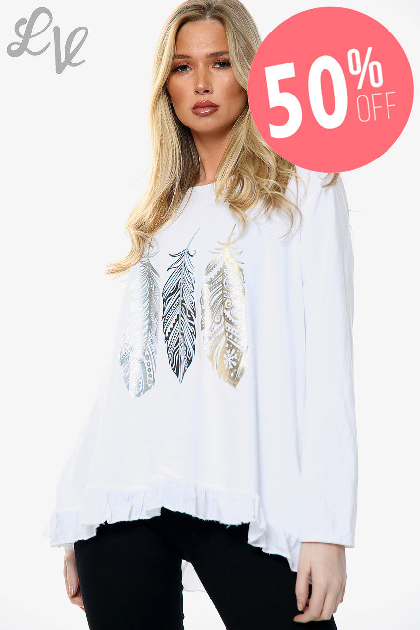 Dames top met verenprint Wit Stukprijs WAS €10,99 NU €5,49