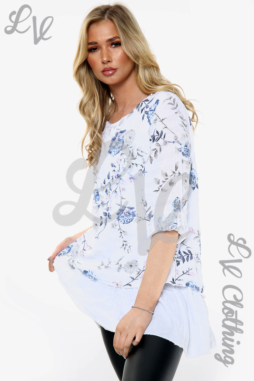 Dames top met bloemenprint en franje onderaan Wit Stukprijs € 13,99