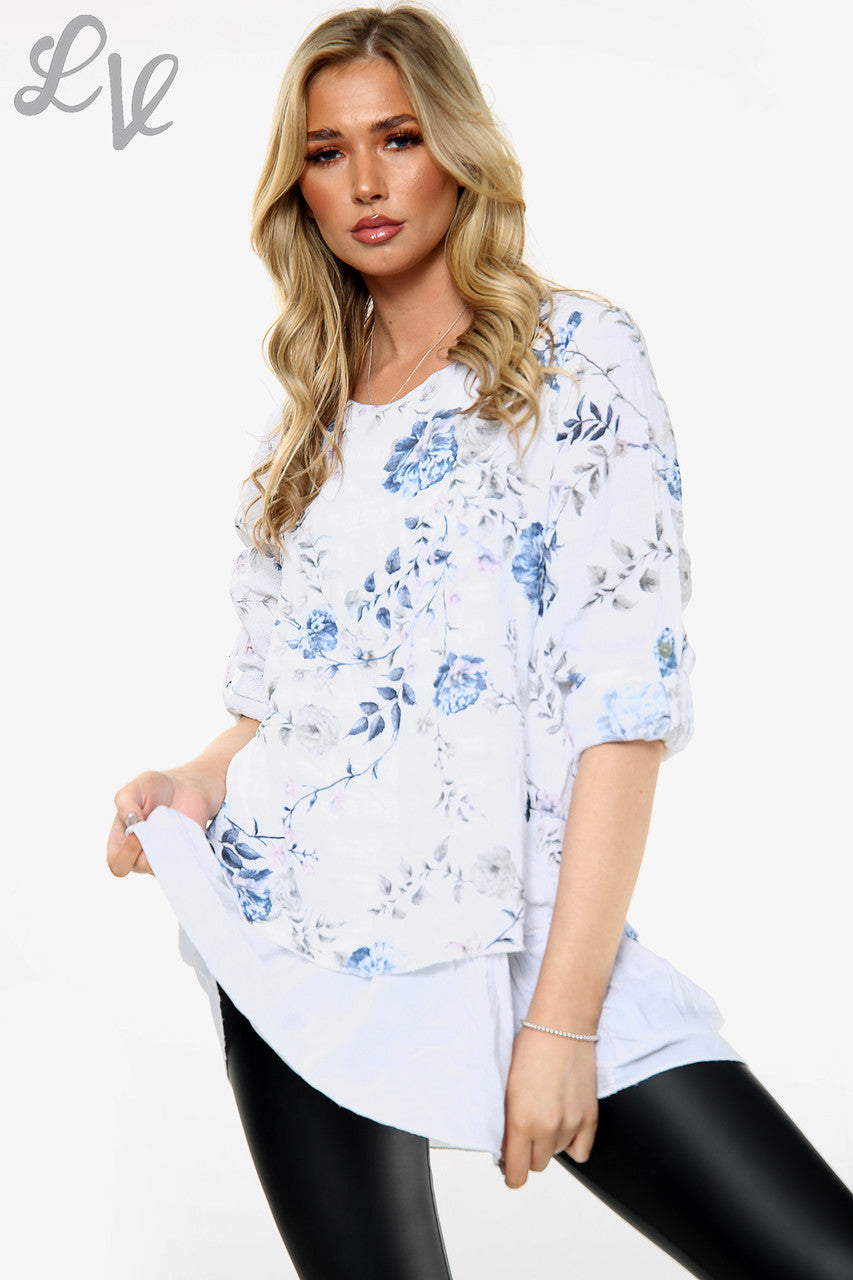 Dames top met bloemenprint en franje onderaan Wit Stukprijs € 13,99