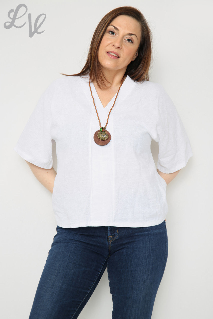 Ladies Linen Plain V-Neck Top With Necklace White Unit Price £9.99