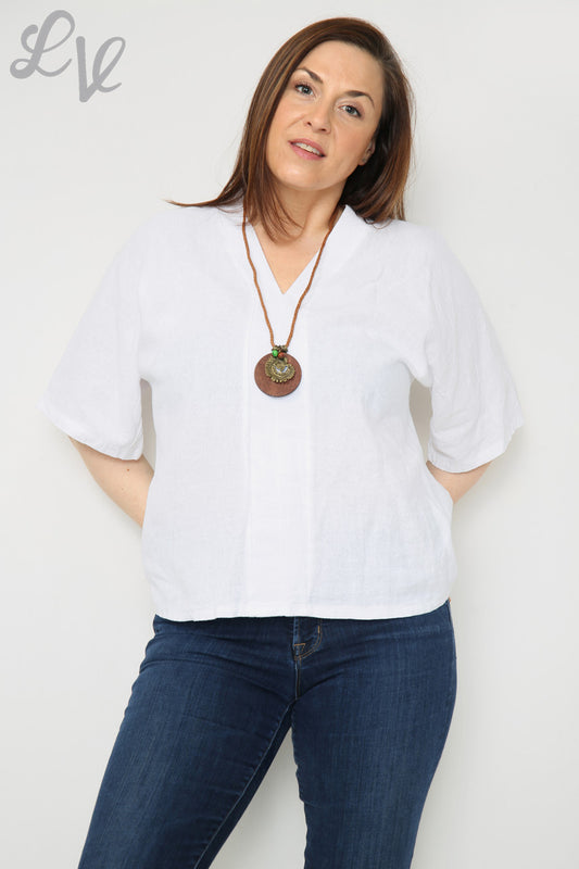 Ladies Linen Plain V-Neck Top With Necklace White Unit Price £9.99
