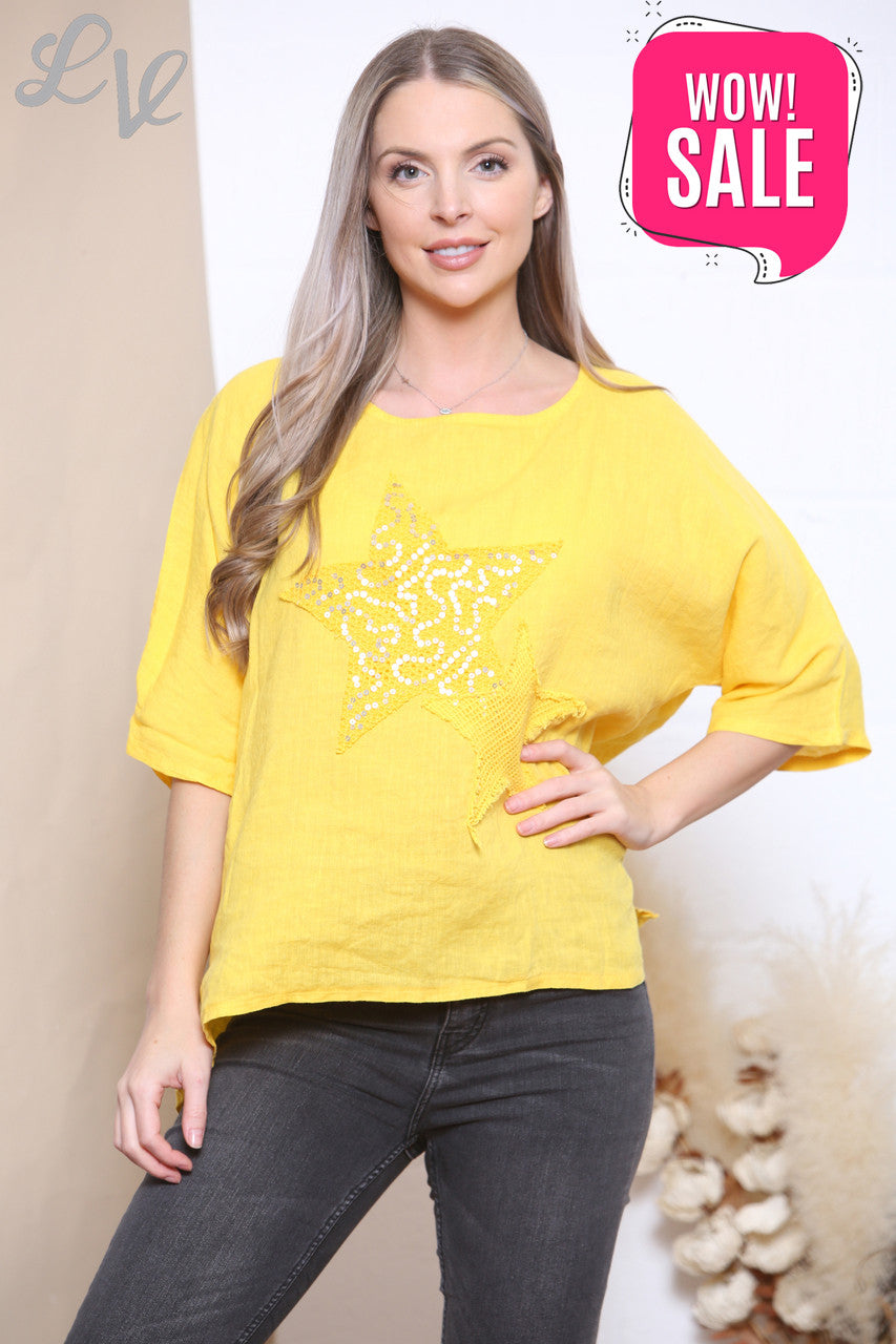 Ladies Mesh Sequin Stars Top Yellow