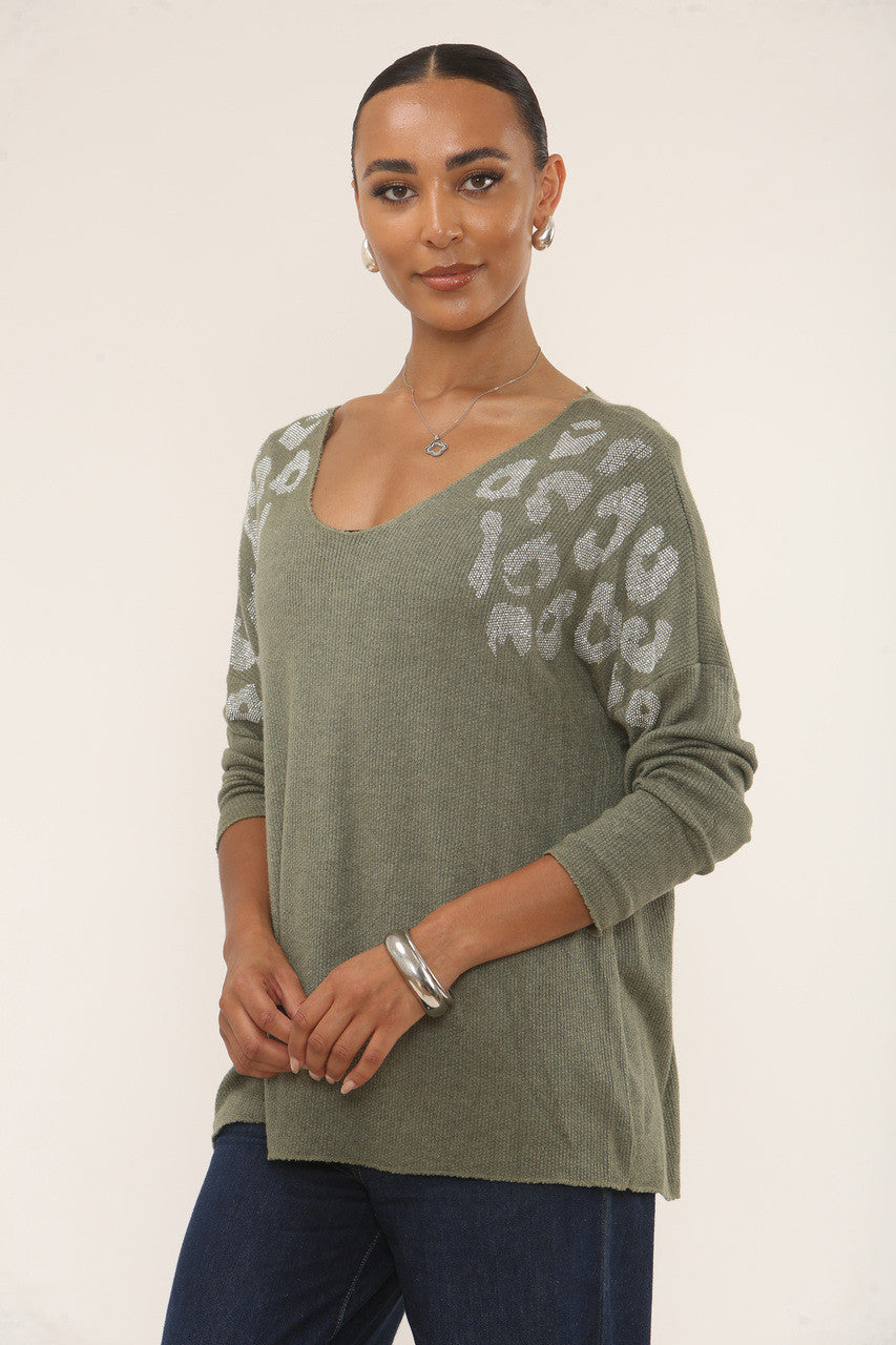 DIAMANTE LEOPARD SHOULDER JUMPER - KHAKI