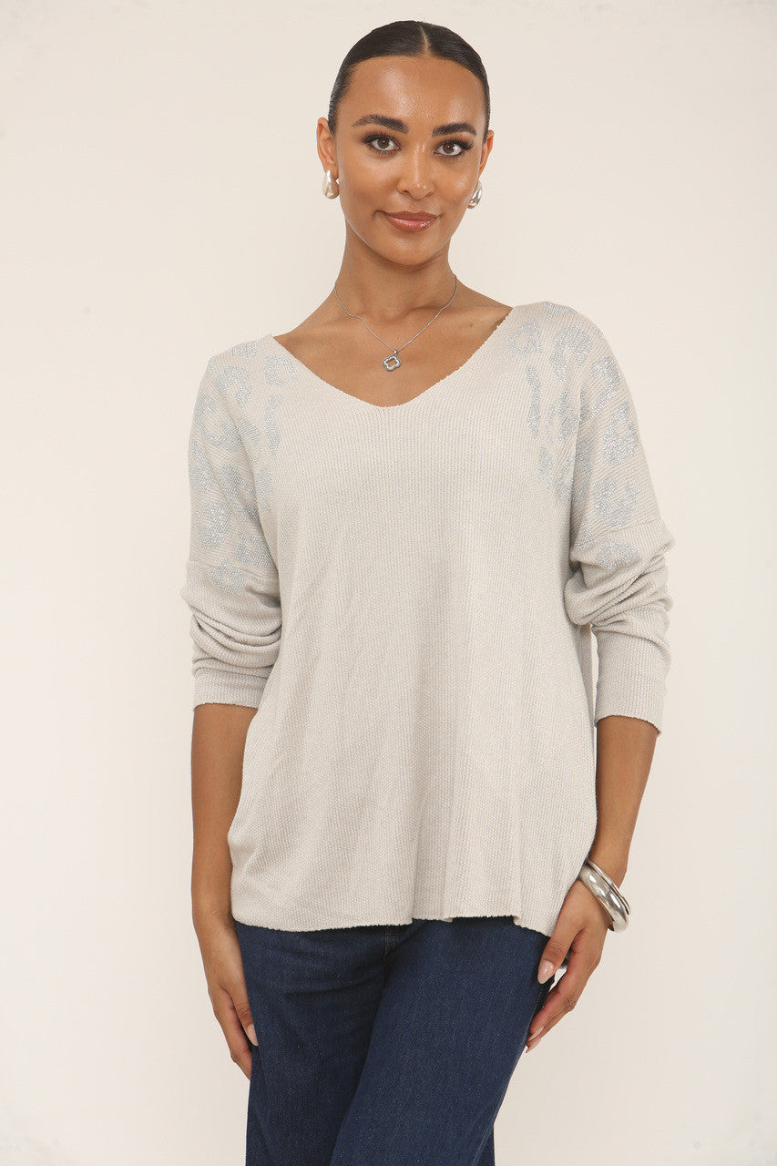 DIAMANTE LEOPARD SHOULDER JUMPER - STONE