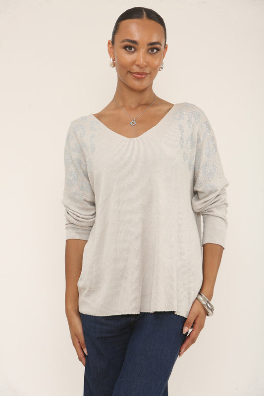DIAMANTE LEOPARD SHOULDER JUMPER - STONE