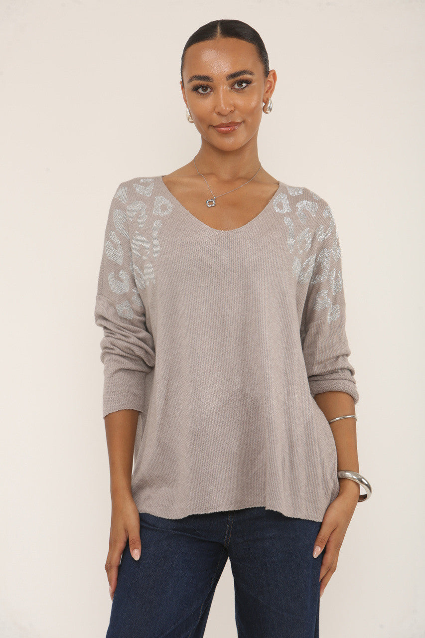DIAMANTE LEOPARD SHOULDER JUMPER - TAUPE