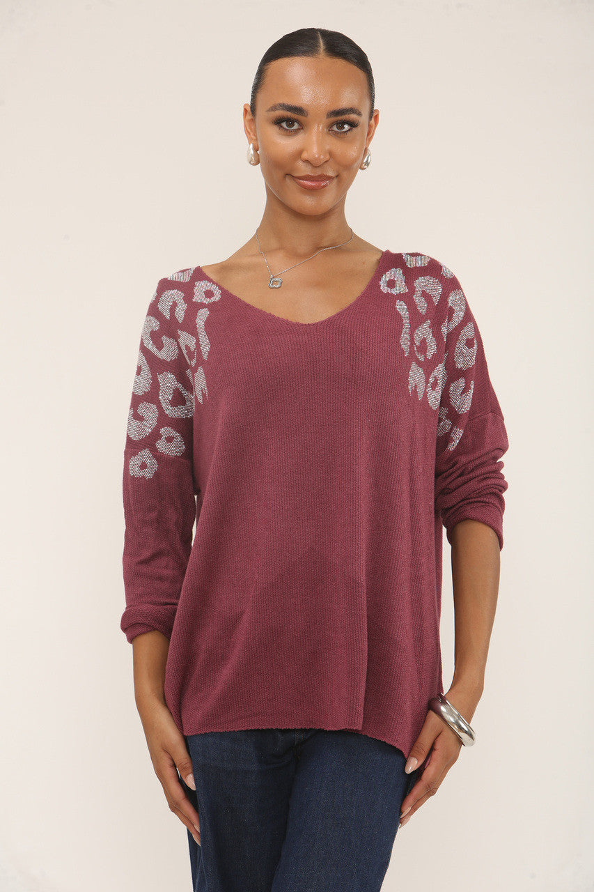 DIAMANTE LEOPARD SHOULDER JUMPER - BURGUNDY