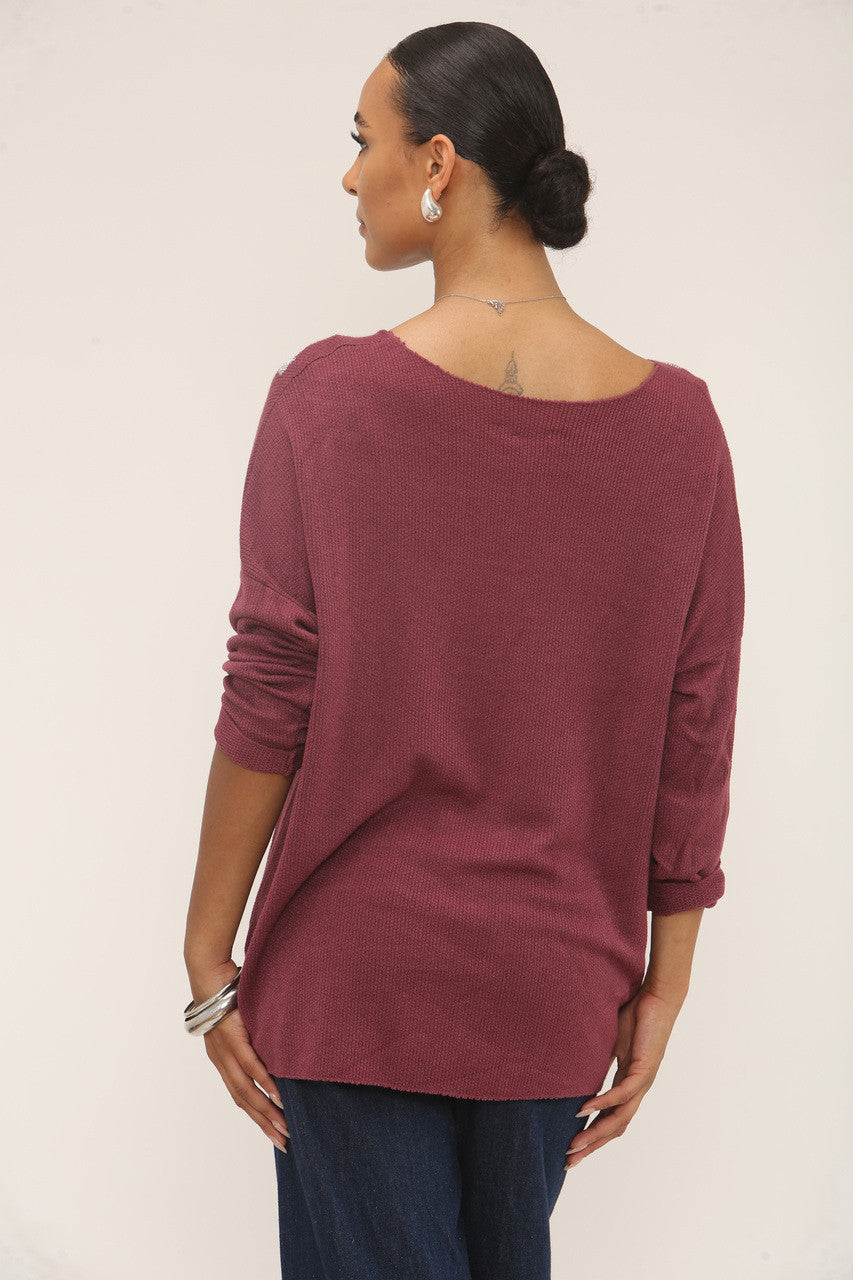 DIAMANTE LEOPARD SHOULDER JUMPER - BURGUNDY