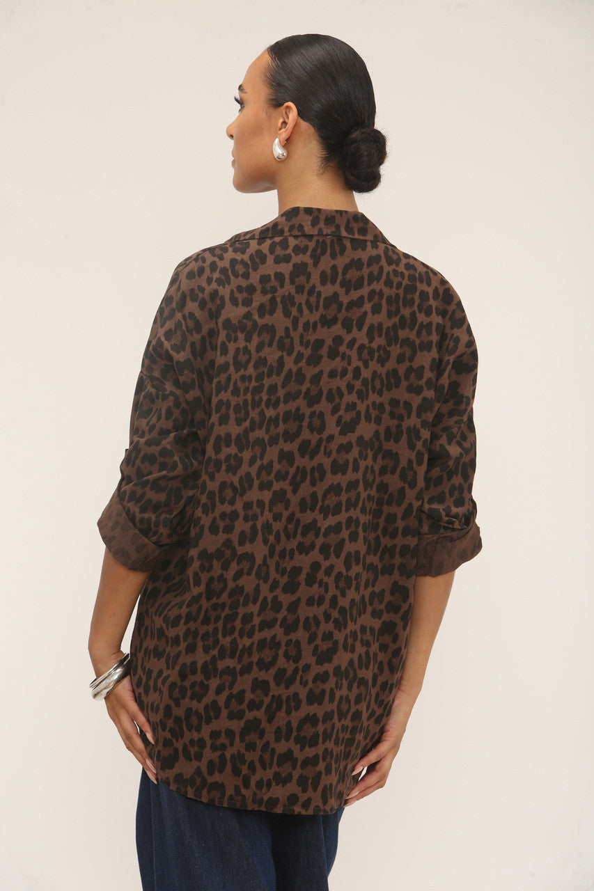 BLOUSE MET KNOPEN IN LUIPAARDPRINT - BRUIN