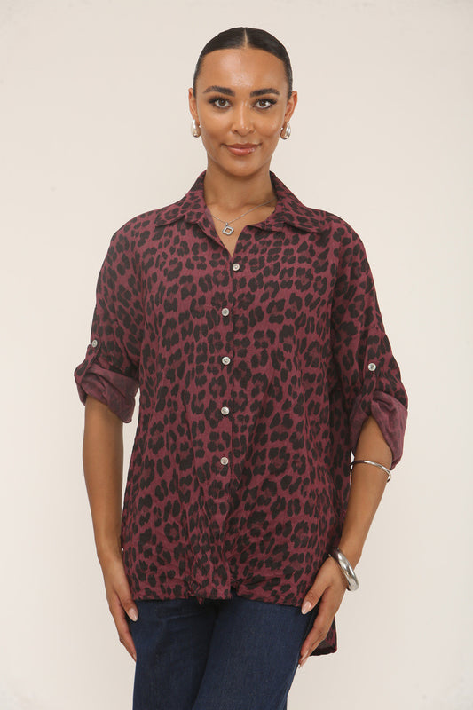 BLOUSE MET KNOPEN EN LEOPARDPRINT - BORDEAUX