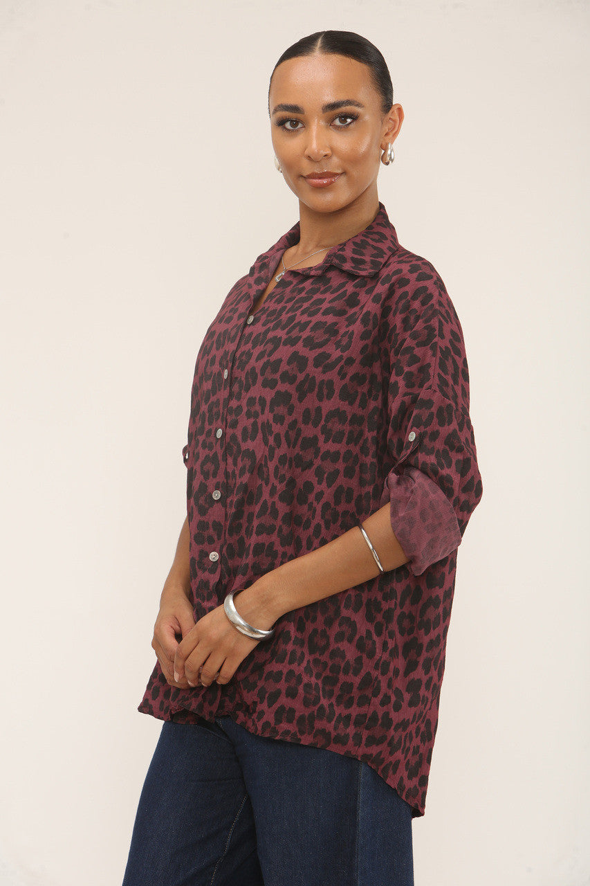 BLOUSE MET KNOPEN EN LEOPARDPRINT - BORDEAUX