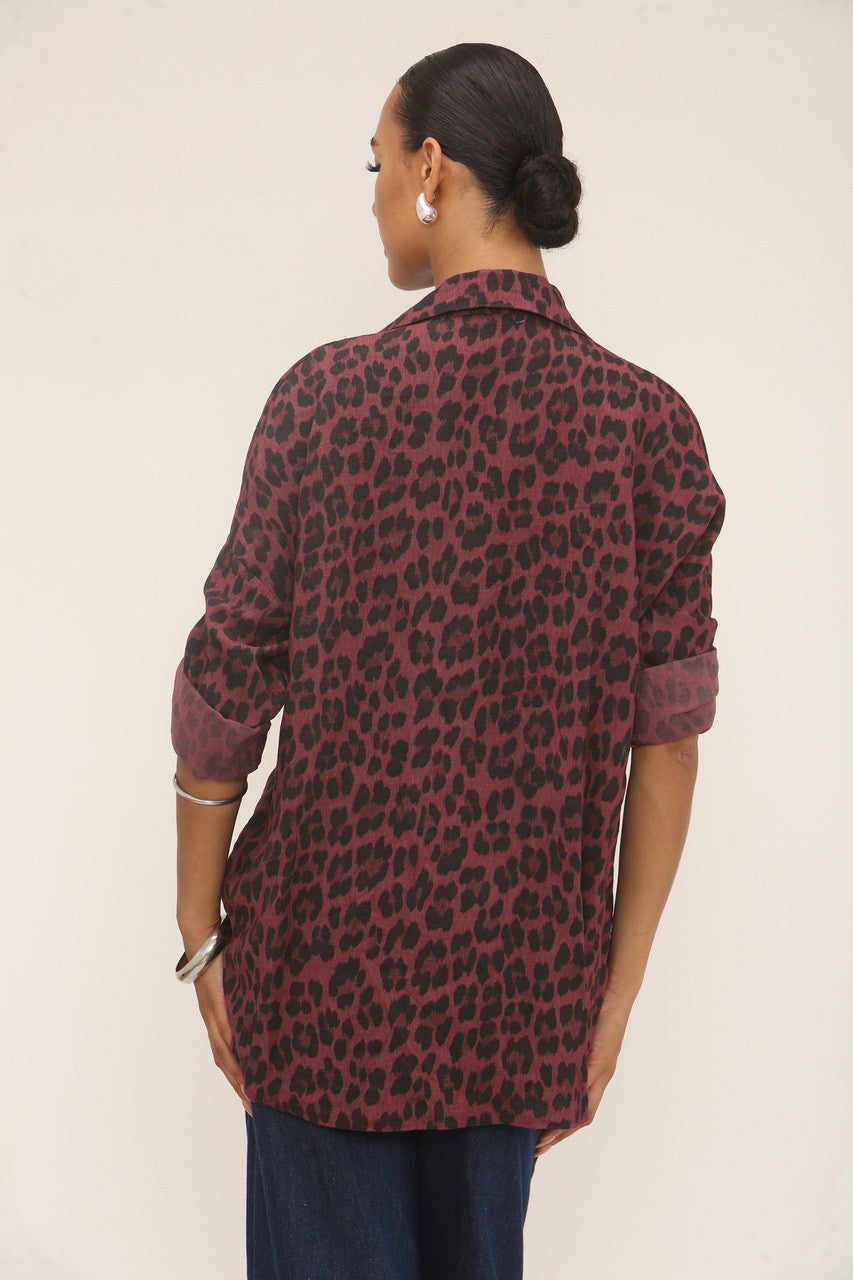 BLOUSE MET KNOPEN EN LEOPARDPRINT - BORDEAUX