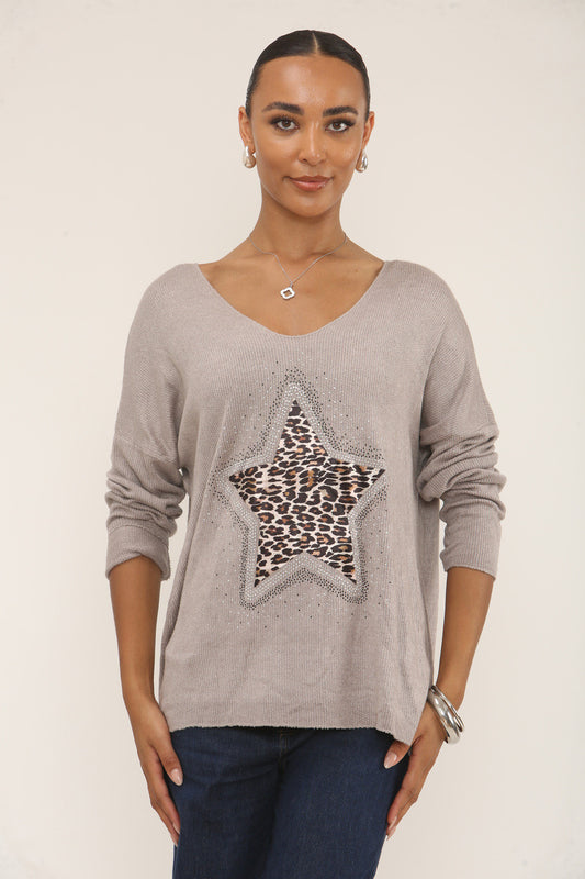 DIAMANTE LEOPARD STAR JUMPER - TAUPE