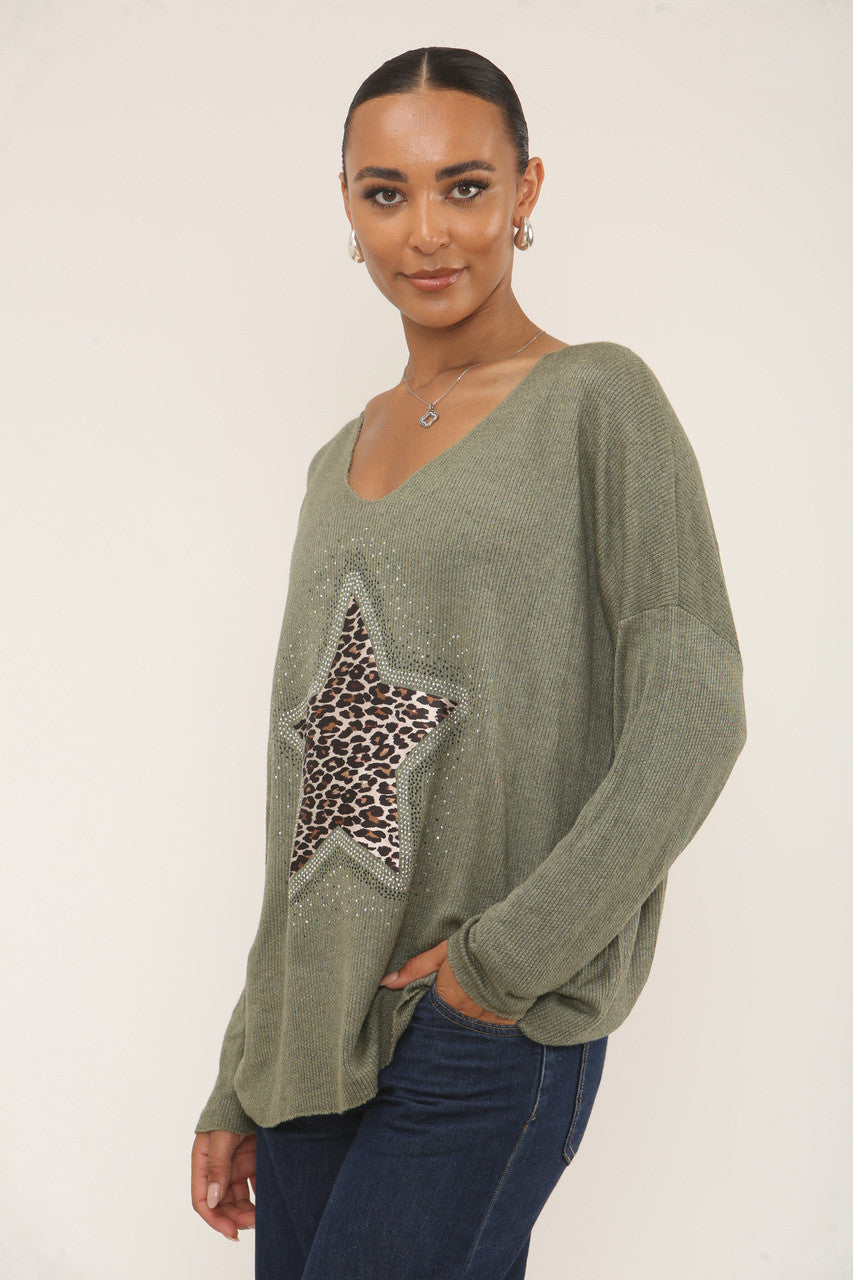 DIAMANTE LEOPARD STER TRUI - KHAKI