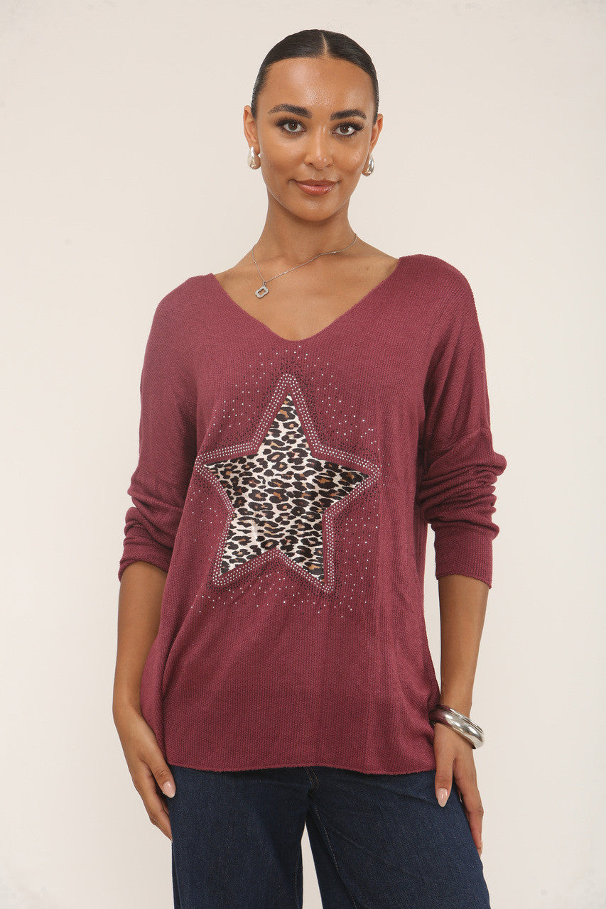 DIAMANTE LEOPARD STAR JUMPER - BURGUNDY