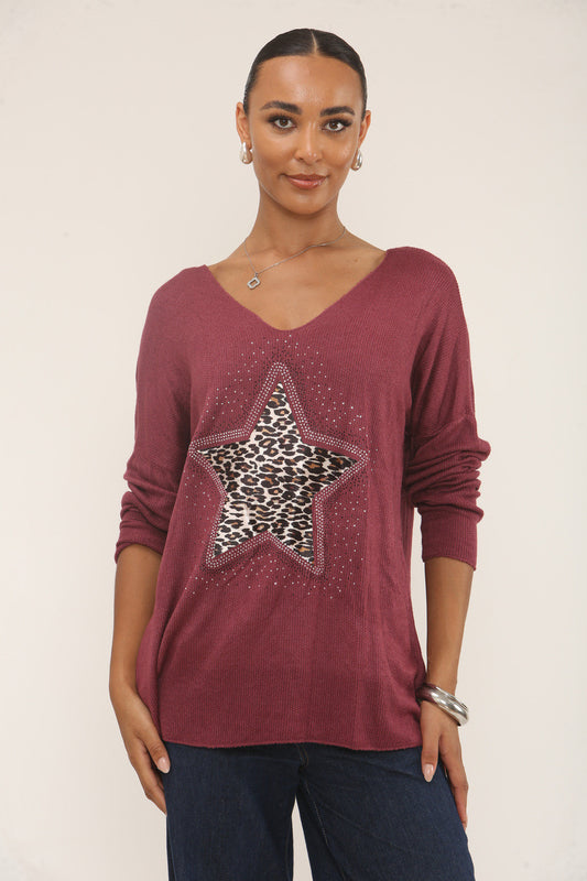DIAMANTE LEOPARD STAR JUMPER - BURGUNDY