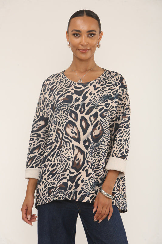 LEOPARD PRINT SOFT TOUCH SWEATSHIRT - NAVY