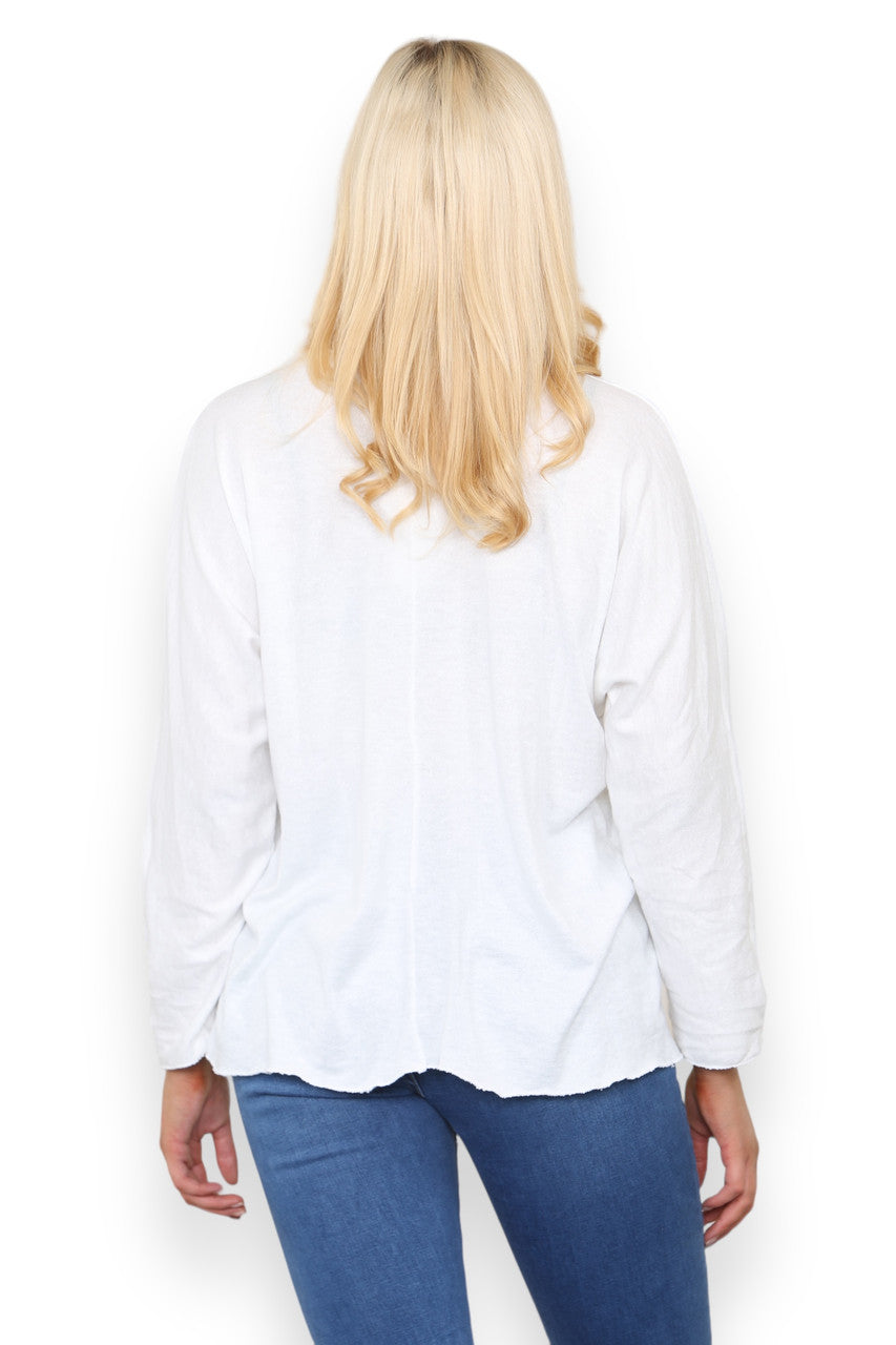 PLAIN FINE KNIT TOP WITH PRINTED SILKY SCARF WHITE