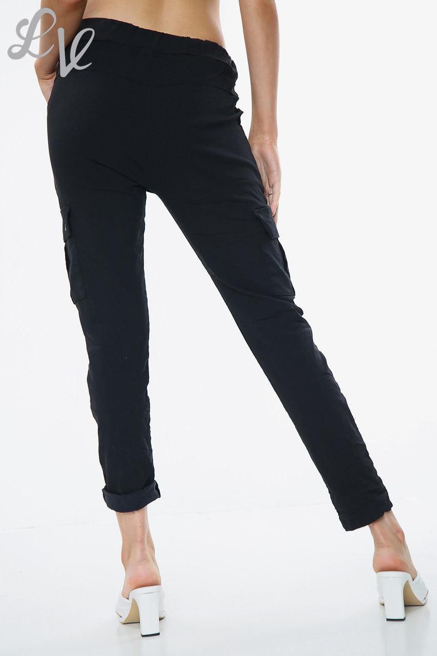 Ladies Plus Size Casual Magic Trousers With Side Pockets Black - Unit Price £9.99