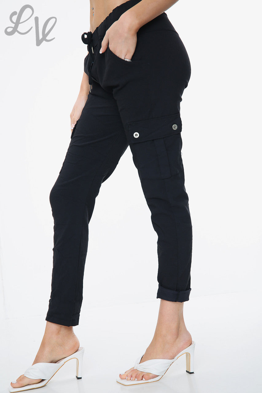 Ladies Plus Size Casual Magic Trousers With Side Pockets Black - Unit Price £9.99