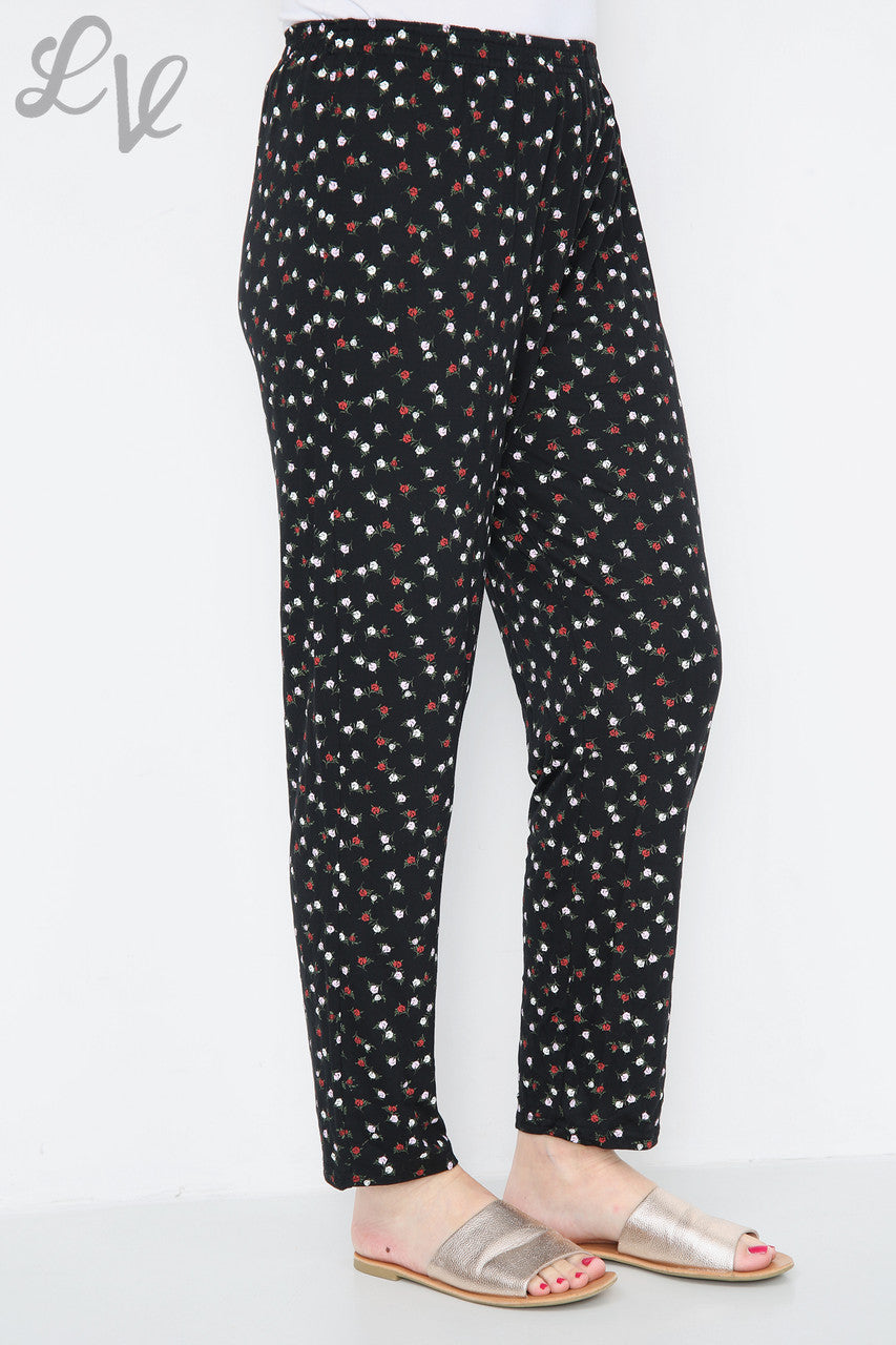 Ladies Floral Ditsy Print Trousers Black