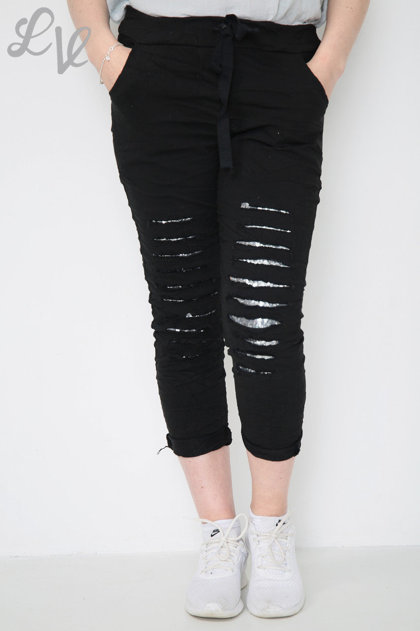 Ladies Ripped Sequin Knee Magic Trousers Black Unit Price £9.99