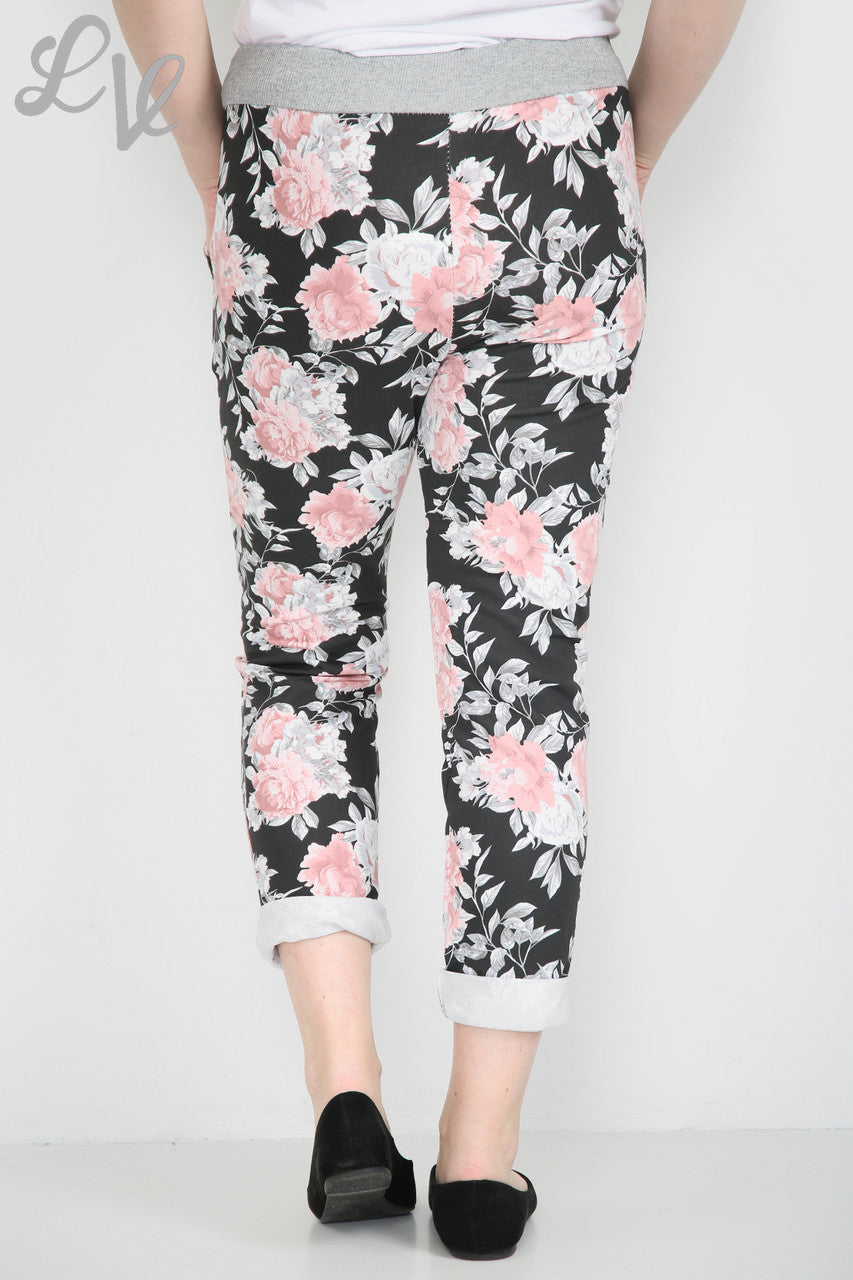 Ladies Floral Mix Print Jogging Pants Trouser Black -