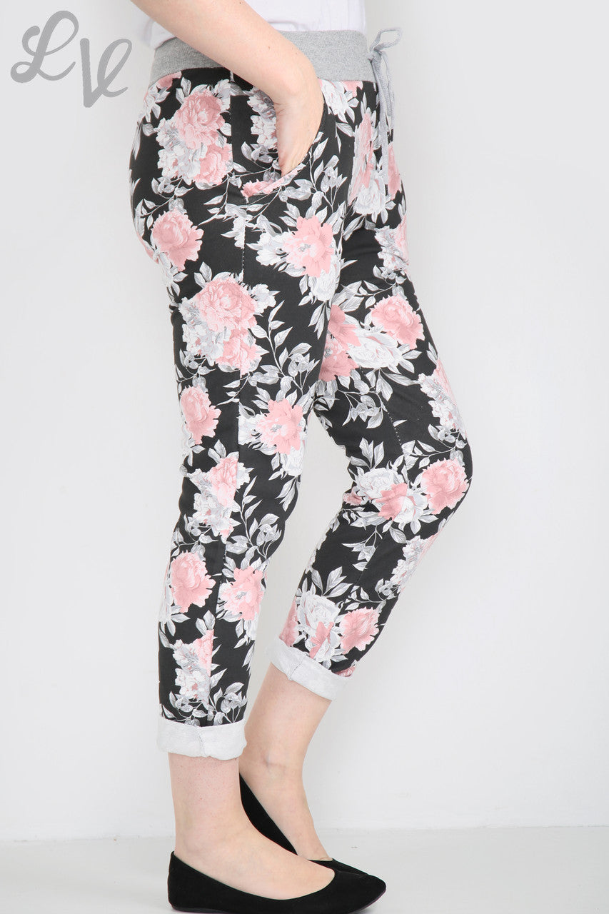 Dames Plus Size Joggingbroek met Bloemmotief en Mixprint Zwart -
